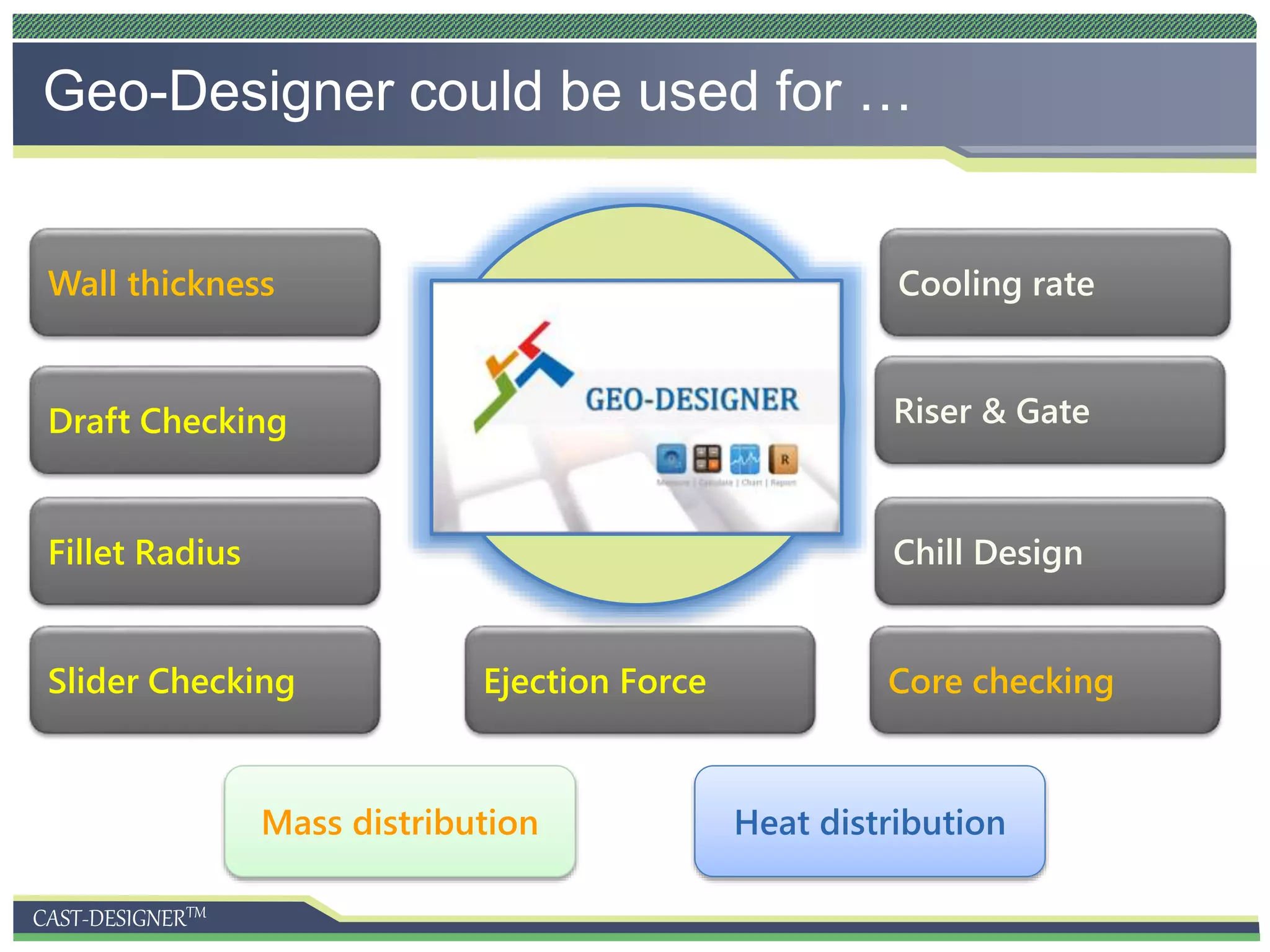 CAST-DESIGNERTM
Geo-Designer could be used for …
Mass distribution
Wall thickness
Draft Checking
Fillet Radius
Core checking
Cooling rate
Riser & Gate
Heat distribution
Slider Checking Ejection Force
Chill Design
 
