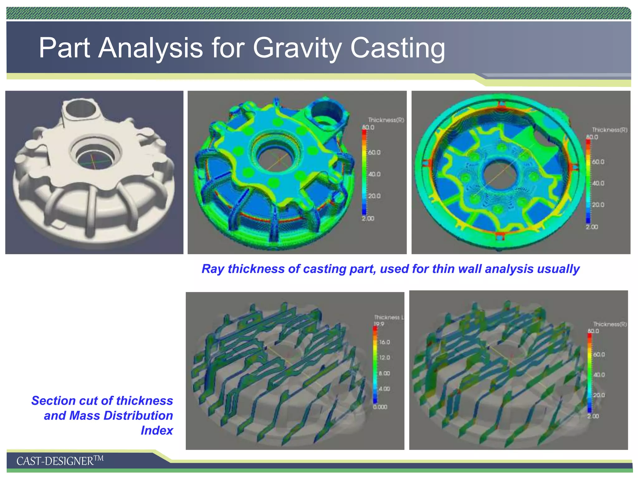 CAST-DESIGNERTM
Part Analysis for Gravity Casting
Ray thickness of casting part, used for thin wall analysis usually
Section cut of thickness
and Mass Distribution
Index
 