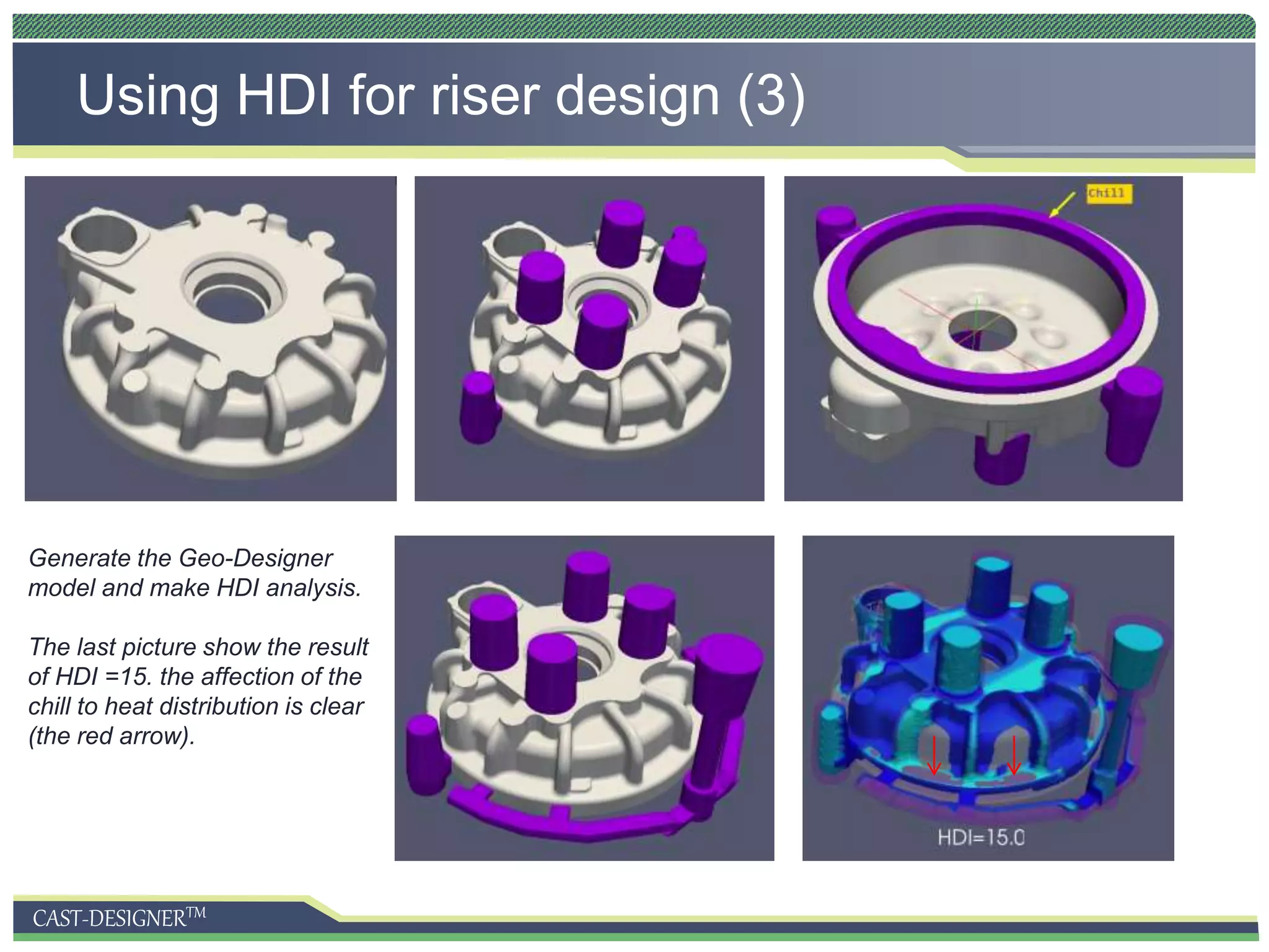 CAST-DESIGNERTM
Using HDI for riser design (3)
Generate the Geo-Designer
model and make HDI analysis.
The last picture show the result
of HDI =15. the affection of the
chill to heat distribution is clear
(the red arrow).
 