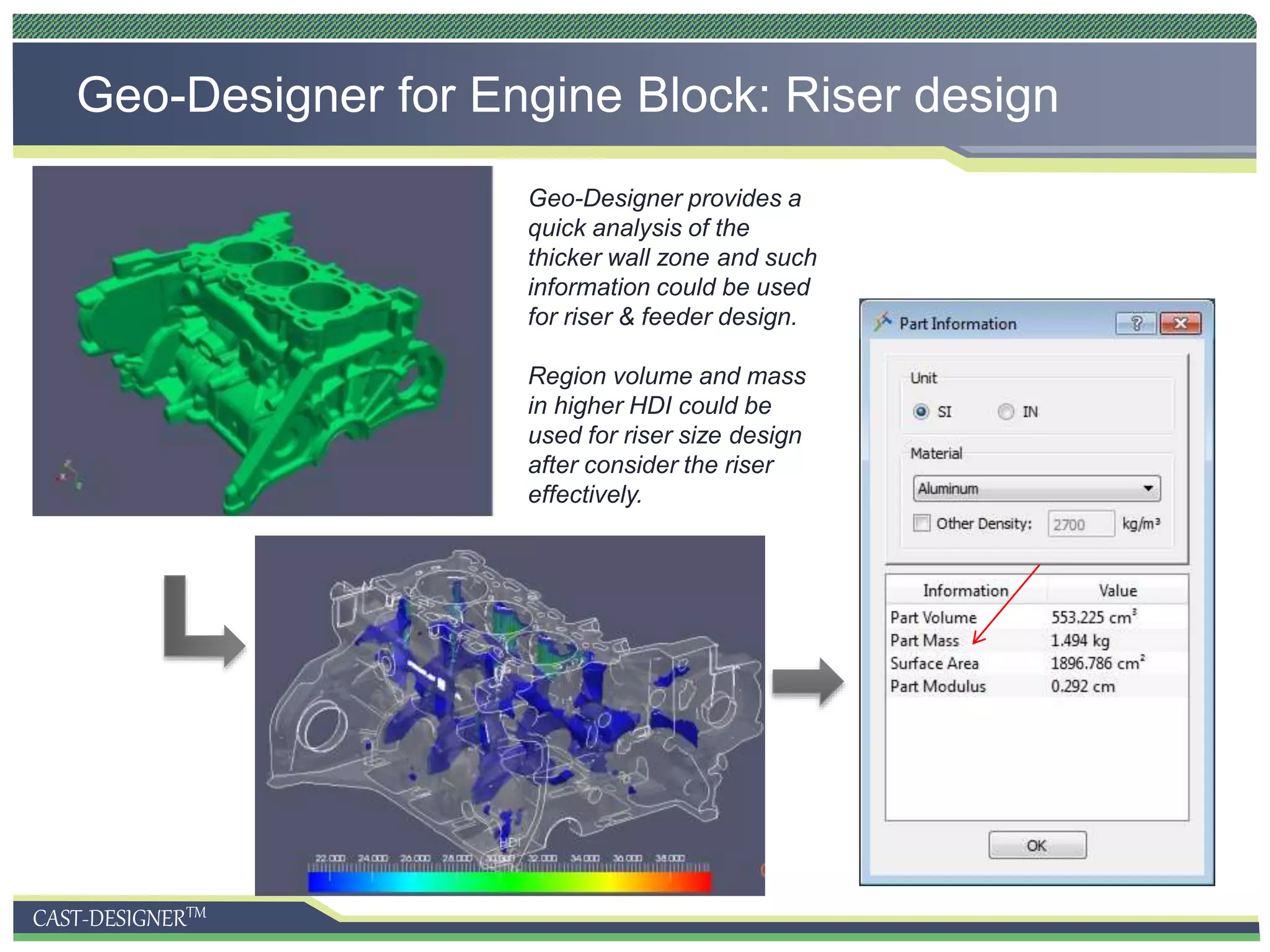 CAST-DESIGNERTM
Geo-Designer for Engine Block: Riser design
Geo-Designer provides a
quick analysis of the
thicker wall zone and such
information could be used
for riser & feeder design.
Region volume and mass
in higher HDI could be
used for riser size design
after consider the riser
effectively.
 