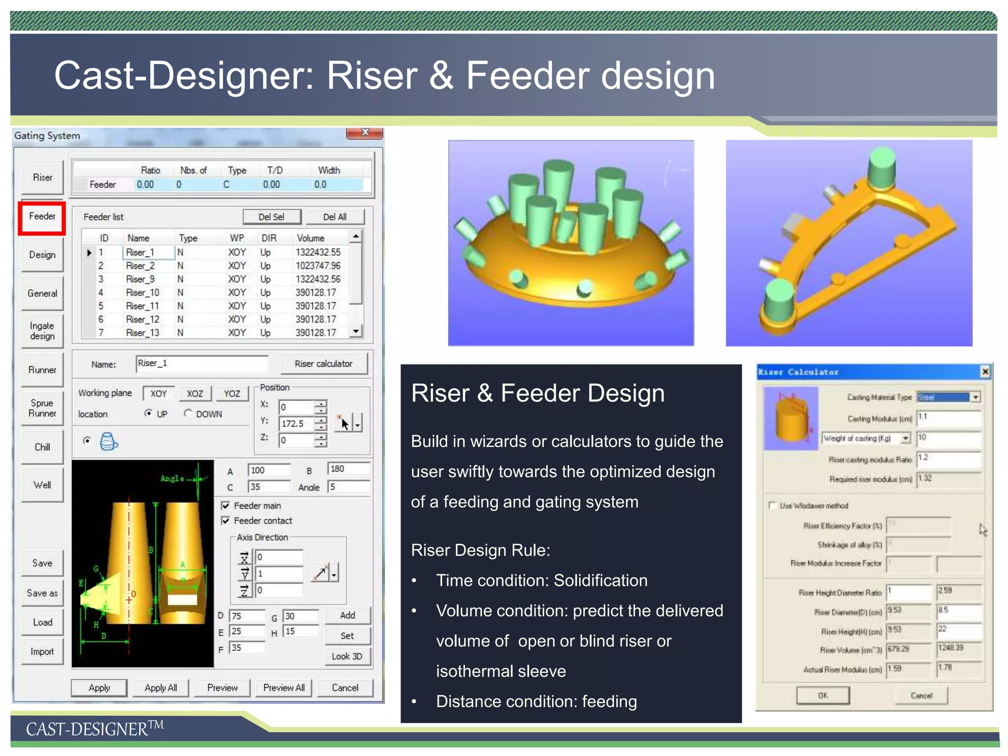 CAST-DESIGNERTM
Cast-Designer: Riser & Feeder design
Riser & Feeder Design
Build in wizards or calculators to guide the
user swiftly towards the optimized design
of a feeding and gating system
Riser Design Rule:
• Time condition: Solidification
• Volume condition: predict the delivered
volume of open or blind riser or
isothermal sleeve
• Distance condition: feeding
 