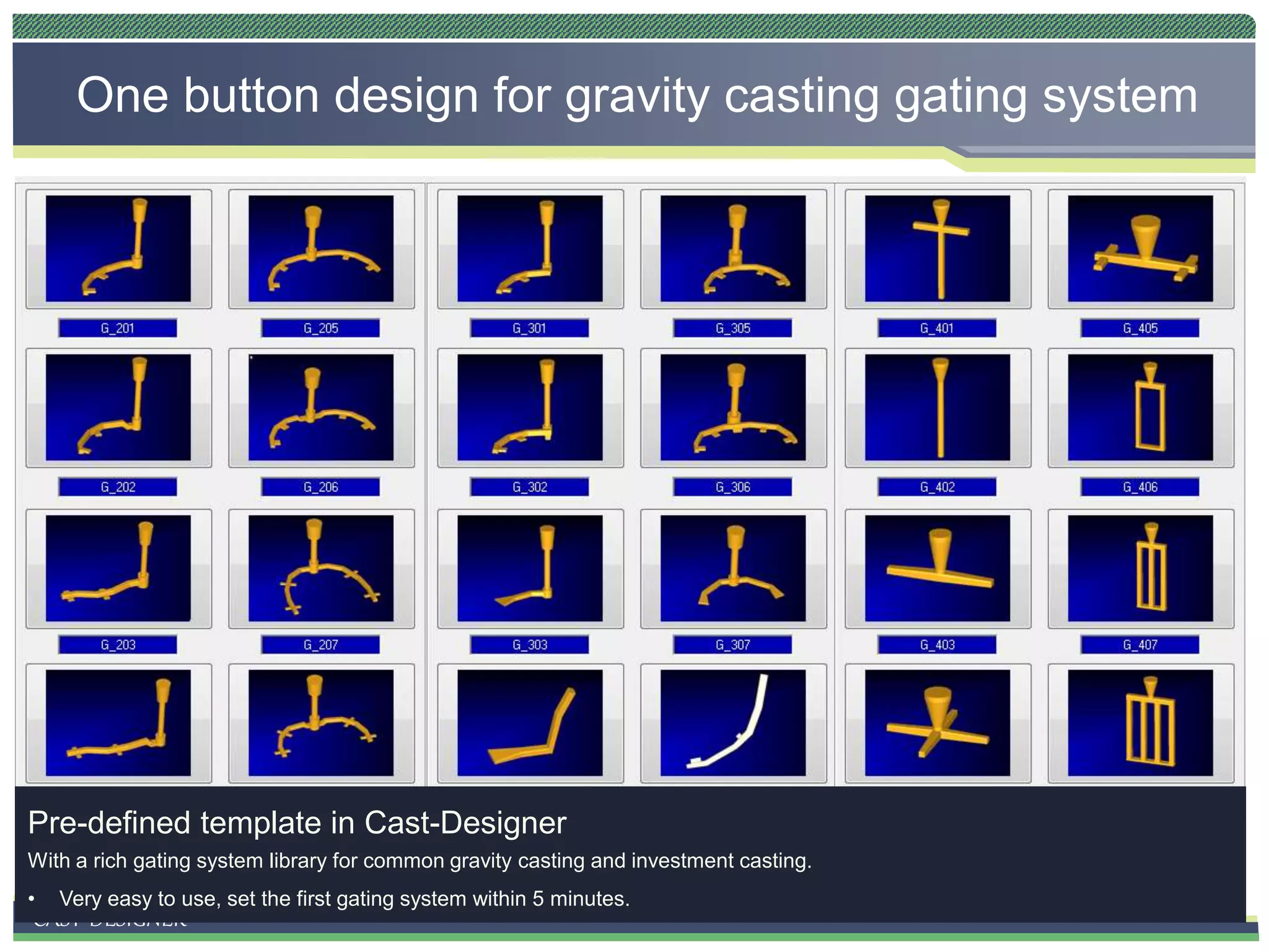 CAST-DESIGNERTM
One button design for gravity casting gating system
Pre-defined template in Cast-Designer
With a rich gating system library for common gravity casting and investment casting.
• Very easy to use, set the first gating system within 5 minutes.
 
