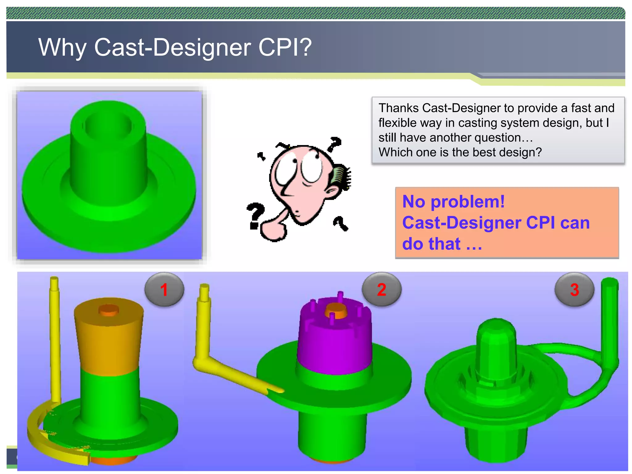 CAST-DESIGNERTM
1 2 3
Thanks Cast-Designer to provide a fast and
flexible way in casting system design, but I
still have another question…
Which one is the best design?
Why Cast-Designer CPI?
No problem!
Cast-Designer CPI can
do that …
 