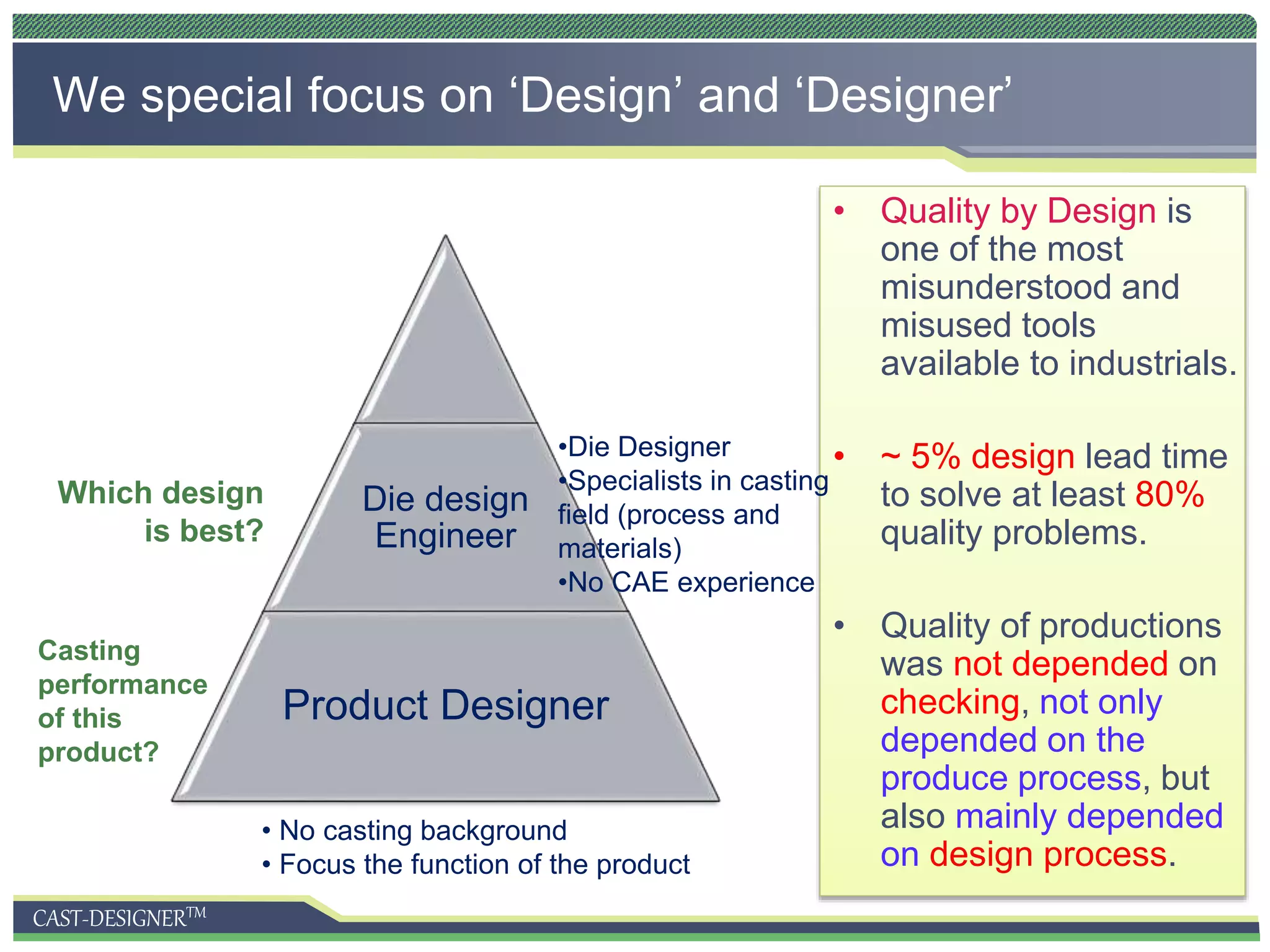 CAST-DESIGNERTM
• Quality by Design is
one of the most
misunderstood and
misused tools
available to industrials.
• ~ 5% design lead time
to solve at least 80%
quality problems.
• Quality of productions
was not depended on
checking, not only
depended on the
produce process, but
also mainly depended
on design process.
We special focus on ‘Design’ and ‘Designer’
Die design
Engineer
Product Designer
• No casting background
• Focus the function of the product
Casting
performance
of this
product?
•Die Designer
•Specialists in casting
field (process and
materials)
•No CAE experience
Which design
is best?
 