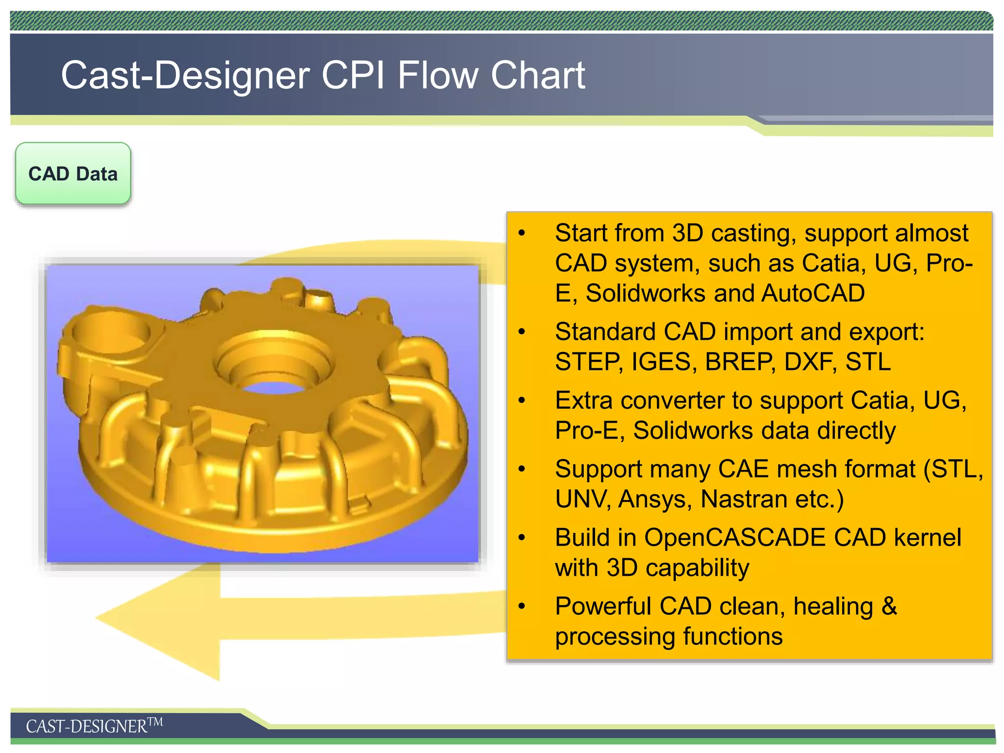 CAST-DESIGNERTM
Cast-Designer CPI Flow Chart
CAD Data
• Start from 3D casting, support almost
CAD system, such as Catia, UG, Pro-
E, Solidworks and AutoCAD
• Standard CAD import and export:
STEP, IGES, BREP, DXF, STL
• Extra converter to support Catia, UG,
Pro-E, Solidworks data directly
• Support many CAE mesh format (STL,
UNV, Ansys, Nastran etc.)
• Build in OpenCASCADE CAD kernel
with 3D capability
• Powerful CAD clean, healing &
processing functions
 