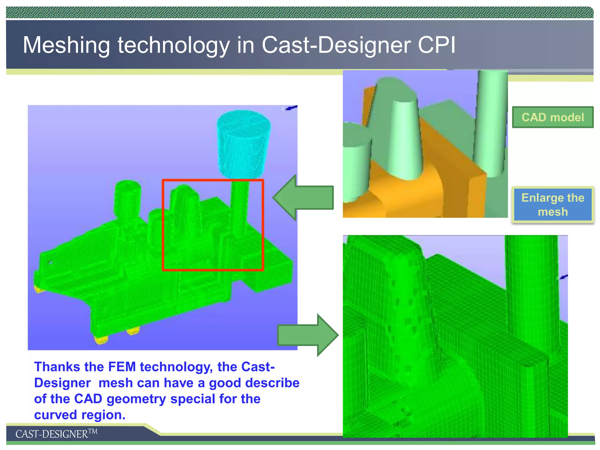 CAST-DESIGNERTM
Meshing technology in Cast-Designer CPI
Thanks the FEM technology, the Cast-
Designer mesh can have a good describe
of the CAD geometry special for the
curved region.
CAD model
Enlarge the
mesh
 