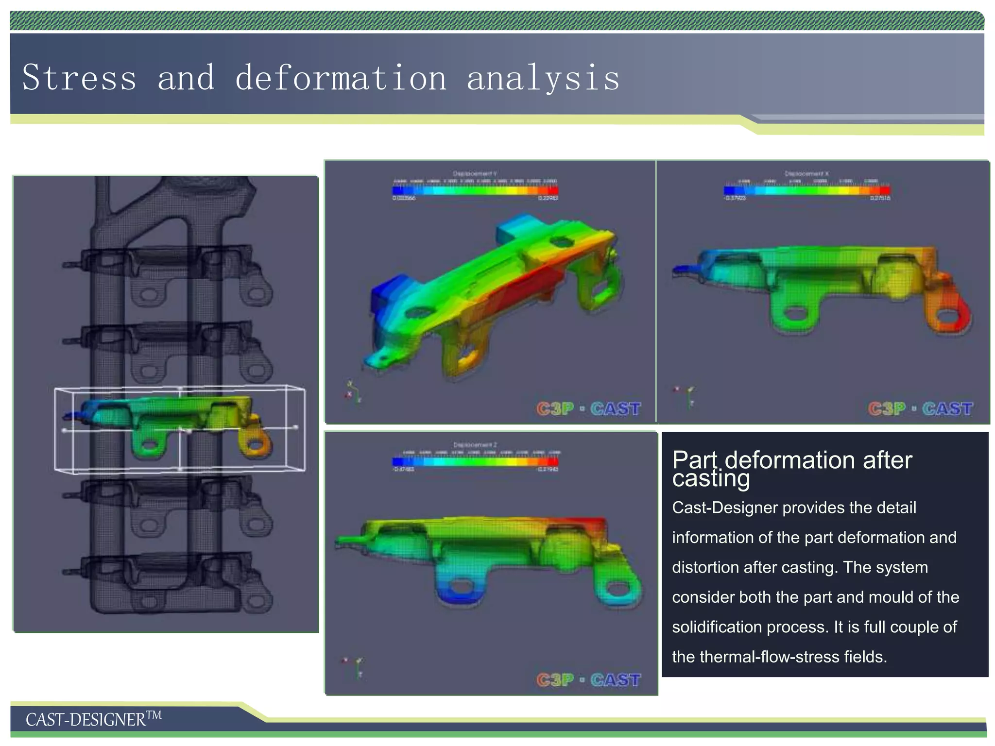 CAST-DESIGNERTM
Stress and deformation analysis
Part deformation after
casting
Cast-Designer provides the detail
information of the part deformation and
distortion after casting. The system
consider both the part and mould of the
solidification process. It is full couple of
the thermal-flow-stress fields.
 