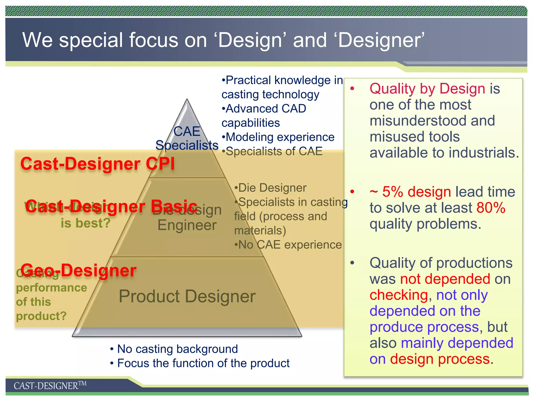 CAST-DESIGNERTM
• Quality by Design is
one of the most
misunderstood and
misused tools
available to industrials.
• ~ 5% design lead time
to solve at least 80%
quality problems.
• Quality of productions
was not depended on
checking, not only
depended on the
produce process, but
also mainly depended
on design process.
We special focus on ‘Design’ and ‘Designer’
CAE
Specialists
Die design
Engineer
Product Designer
• No casting background
• Focus the function of the product
Casting
performance
of this
product?
•Die Designer
•Specialists in casting
field (process and
materials)
•No CAE experience
Which design
is best?
•Practical knowledge in
casting technology
•Advanced CAD
capabilities
•Modeling experience
•Specialists of CAE
Cast-Designer CPI
Cast-Designer Basic
Geo-Designer
 