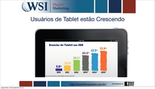 Usuários de Tablet estão Crescendo



                                           Usuários de Tablet nos EUA




                                                          http://www.franquiawsi.com.br/
quarta-feira, 26 de setembro de 12
 