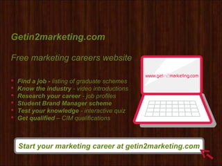 Getin2marketing.com
Free marketing careers website
 Find a job - listing of graduate schemes
 Know the industry - video introductions
 Research your career - job profiles
 Student Brand Manager scheme
 Test your knowledge - interactive quiz
 Get qualified – CIM qualifications
Start your marketing career at getin2marketing.com
 
