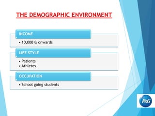 THE DEMOGRAPHIC ENVIRONMENT
INCOME
• 10,000 & onwards
LIFE STYLE
• Patients
• Athletes
OCCUPATION
• School going students

 