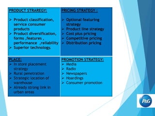 PRODUCT STRAREGY:

PRICING STRATEGY :

 Product classification,
service consumer
products
 Product diversification,
forms ,features ,
performance ,reliability
 Superior technology.

 Optional featuring
strategy
 Product line strategy
 Cost plus pricing
 Competitive pricing
 Distribution pricing

PLACE:
 In store placement
strategy
 Rural penetration
 Strategic location of
warehouse
 Already strong link in
urban areas

PROMOTION STRATEGY:
 Media
 Radio
 Newspapers
 Hoardings
 Consumer promotion

 
