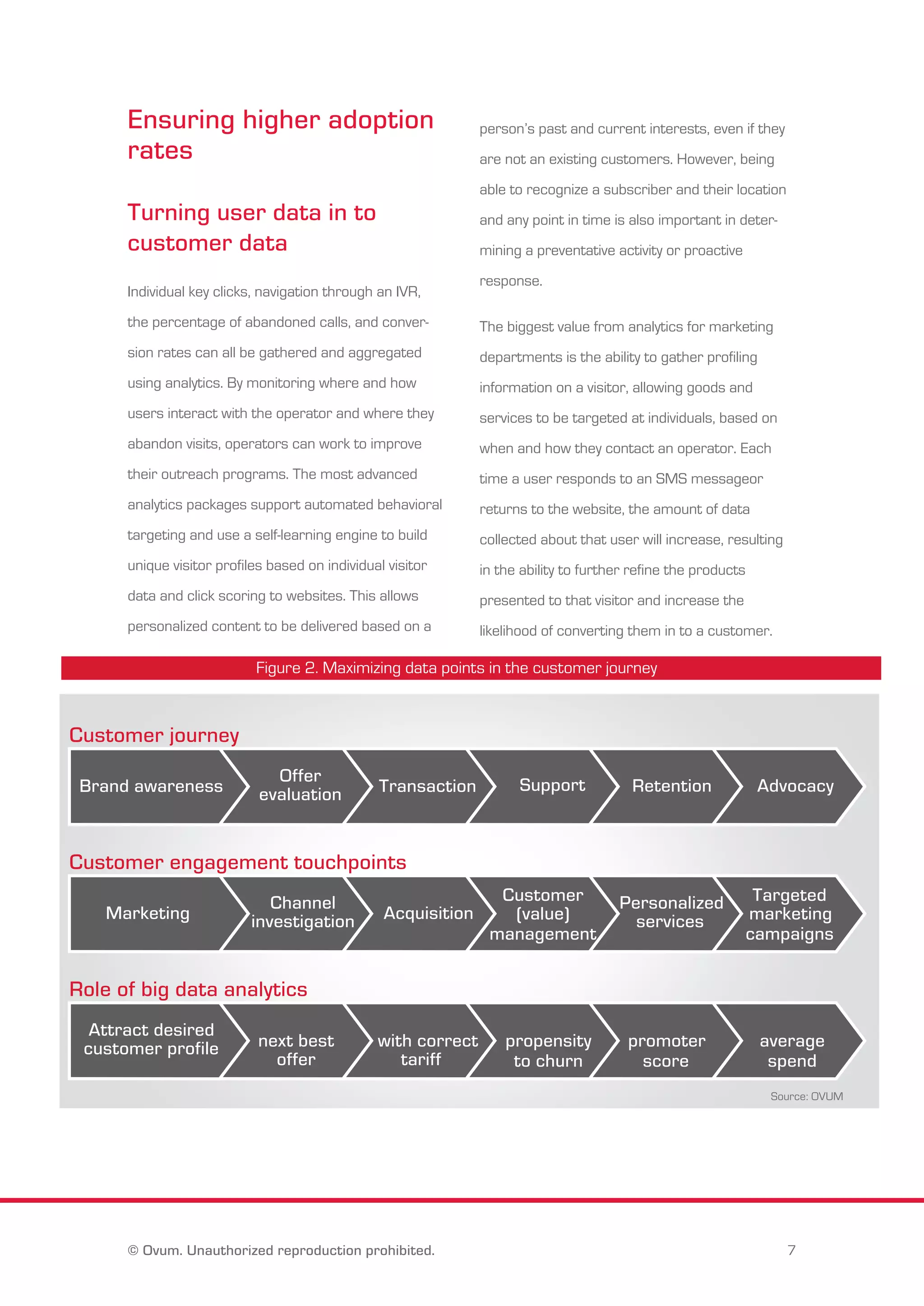 Ensuring higher adoption 
rates 
Turning user data in to 
customer data 
Individual key clicks, navigation through an IVR, 
the percentage of abandoned calls, and conver-sion 
rates can all be gathered and aggregated 
using analytics. By monitoring where and how 
users interact with the operator and where they 
abandon visits, operators can work to improve 
their outreach programs. The most advanced 
analytics packages support automated behavioral 
targeting and use a self-learning engine to build 
unique visitor profiles based on individual visitor 
data and click scoring to websites. This allows 
personalized content to be delivered based on a 
person’s past and current interests, even if they 
are not an existing customers. However, being 
able to recognize a subscriber and their location 
and any point in time is also important in deter-mining 
a preventative activity or proactive 
response. 
The biggest value from analytics for marketing 
departments is the ability to gather profiling 
information on a visitor, allowing goods and 
services to be targeted at individuals, based on 
when and how they contact an operator. Each 
time a user responds to an SMS messageor 
returns to the website, the amount of data 
collected about that user will increase, resulting 
in the ability to further refine the products 
presented to that visitor and increase the 
likelihood of converting them in to a customer. 
Figure 2. Maximizing data points in the customer journey 
Customer journey 
Brand awareness Offer Transaction Support Retention Advocacy 
evaluation 
Customer engagement touchpoints 
Channel 
investigation 
Marketing Acquisition 
Customer 
(value) 
management 
Personalized 
services 
Targeted 
marketing 
campaigns 
Role of big data analytics 
Attract desired 
customer profile propensity 
Influence On board Minimize Uplift net Increase 
to churn 
next best 
offer 
with correct 
tariff 
promoter 
score 
average 
spend 
Source: OVUM 
© Ovum. Unauthorized reproduction prohibited. 7 
 