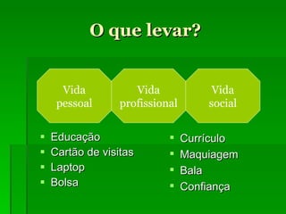 O que levar ? Educação Cartão de visitas Laptop Bolsa Vida pessoal Vida profissional Vida social Currículo Maquiagem Bala Confiança 