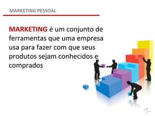 MARKETING é um conjunto de
ferramentas que uma empresa
usa para fazer com que seus
produtos sejam conhecidos e
comprados
MARKETING PESSOAL
 