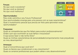 S W 
O T 
FORÇAS 
AJUDA 
EXTERNA INTERNA 
ATRAPALHA 
FRAQUEZAS 
OPORTUNIDADES AMEAÇAS 
Forças: 
No que você é excelente? 
No que você se destaca? 
No que você melhorou? 
Oportunidades: 
Para onde caminha o seu Futuro Profissional? 
Que oportunidades enxerga para uma pessoa com as suas características? 
Qual o investimento pessoal que precisa ser feito para aproveitar essas 
oportunidades? 
Fraquezas: 
Quais as competências que lhe faltam para evoluir profissionalmente? 
Onde e por que ocorreram as suas falhas e insucessos? 
O que posso fazer e não tenho feito? 
Quais as minhas características de personalidade/comportamento mais prejudiciais 
ao meu desempenho? 
Ameaças: 
Qual a Concorrência que você tem? 
Quais os fatores que condicionam o seu crescimento? 
Quais os cenários profissionais que podem afetar o seu desenvolvimento? 
 