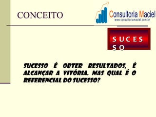 CONCEITO

                          S UC ES
                          S O

 Sucesso é obter resultados, é
 alcançar a vitória. MAS QUAL É O
 REFERENCIAL DO SUCESSO?
 