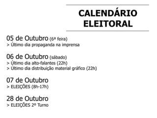 CALENDÁRIO
ELEITORAL
05 de Outubro (6ª feira)
> Último dia propaganda na imprensa
06 de Outubro (sábado)
> Último dia alto-falantes (22h)
> Último dia distribuição material gráfico (22h)
07 de Outubro
> ELEIÇÕES (8h-17h)
28 de Outubro
> ELEIÇÕES 2º Turno
 