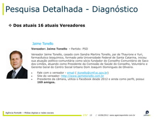 Pesquisa Detalhada - Diagnóstico
   Dos atuais 16 atuais Vereadores



                           Jaime Tonello
                          Vereador: Jaime Tonello - Partido: PSD

                          Vereador Jaime Tonello, casado com Sandra Martins Tonello, pai de Thayrone e Yuri,
                          farmacêutico bioquímico, formado pela Universidade Federal de Santa Catarina, iniciou
                          sua atuação político-comunitária como sócio fundador do Conselho Comunitário de Saco
                          dos Limões, atuando como Presidente da Comissão de Saúde do Conselho, Voluntário e
                          Gerente Geral do Centro Social Urbano Dom Joaquim Domingues de Oliveira.

                                Fale com o vereador - email ( jtonello@cmf.sc.gov.br)
                                Site do vereador: http://www.jaimetonello.com.br
                                Presidente da câmara, utiliza o Facebook desde 2012 e ainda como perfil, possui
                                169 amigos.




Agência PontoBr – Mídias digitais e redes sociais
                                                                      13   / 14/06/2012 www.agenciapontobr.com.br
 