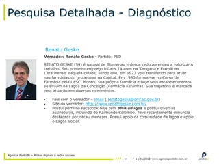 Pesquisa Detalhada - Diagnóstico


                           Renato Geske
                          Vereador: Renato Geske - Partido: PSD

                          RENATO GESKE (54) é natural de Blumenau e desde cedo aprendeu a valorizar o
                          trabalho. Seu primeiro emprego foi aos 14 anos na „Drogaria e Farmácias
                          Catarinense‟ daquela cidade, sendo que, em 1973 veio transferido para atuar
                          nas farmácias do grupo aqui na Capital. Em 1980 formou-se no Curso de
                          Farmácia pela UFSC. Montou sua própria farmácia e hoje seus estabelecimentos
                          se situam na Lagoa da Conceição (Farmácia Kefarma). Sua trajetória é marcada
                          pela atuação em diversos movimentos.

                                Fale com o vereador - email ( renatogeske@cmf.sc.gov.br)
                                Site do vereador: http://www.renatogeske.com.br/
                                Possui perfil no Facebook hoje tem 3mil amigos e possui diversas
                                assinaturas, incluindo do Raimundo Colombo. Teve recentemente denuncia
                                destacada por cacau menezes. Possui apoio da comunidade da lagoa e apoio
                                o Lagoa Social.




Agência PontoBr – Mídias digitais e redes sociais
                                                                    14   / 14/06/2012 www.agenciapontobr.com.br
 