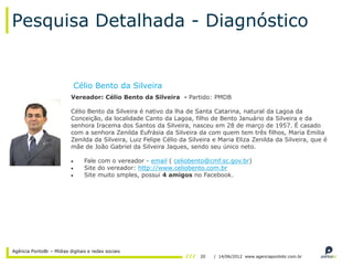 Pesquisa Detalhada - Diagnóstico


                           Célio Bento da Silveira
                          Vereador: Célio Bento da Silveira - Partido: PMDB

                          Célio Bento da Silveira é nativo da lha de Santa Catarina, natural da Lagoa da
                          Conceição, da localidade Canto da Lagoa, filho de Bento Januário da Silveira e da
                          senhora Iracema dos Santos da Silveira, nasceu em 28 de março de 1957. É casado
                          com a senhora Zenilda Eufrásia da Silveira da com quem tem três filhos, Maria Emilia
                          Zenilda da Silveira, Luiz Felipe Célio da Silveira e Maria Eliza Zenilda da Silveira, que é
                          mãe de João Gabriel da Silveira Jaques, sendo seu único neto.

                                Fale com o vereador - email ( celiobento@cmf.sc.gov.br)
                                Site do vereador: http://www.celiobento.com.br
                                Site muito smples, possui 4 amigos no Facebook.




Agência PontoBr – Mídias digitais e redes sociais
                                                                       20   / 14/06/2012 www.agenciapontobr.com.br
 