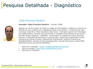 Pesquisa Detalhada - Diagnóstico


                           Celso Francisco Sandrini
                          Vereador: Celso Francisco Sandrini - Partido: PMDB

                          Nascido em 10 de outubro de 1960 na cidade de Florianópolis, residente no distrito de
                          Ribeirão da Ilha. Casado com a Pedagoga Maria Lúcia Sandrini – professora da rede
                          municipal, dois filhos; Maria Angélica e João Paulo. Formação Superior em Tecnologia
                          em Gestão Pública. Atuante nos movimentos e entidades comunitárias do Sul da lha.
                          Servidor Público Estadual – DEINFRA. Incentivador do resgate da Cultura Açoriana.
                          Pioneiro na atividade da Maricultura no Sul da Ilha, região hoje considerada a maior
                          produtora de Ostras do Brasil. Experiências Profissionais; Gerente Programa de
                          Qualidade/DEOH, Gerente de Documentação/SEA, Gerente Maricultura e Pesca/PMF,
                          Gerente de Faixas de Domínio/DEINFRA.

                                Fale com o vereador - email ( celsosandrini@cmf.sc.gov.br)
                                Site do vereador: http://www.celsosandrini.com.br
                                Não esta no Facebook.




Agência PontoBr – Mídias digitais e redes sociais
                                                                      23   / 14/06/2012 www.agenciapontobr.com.br
 