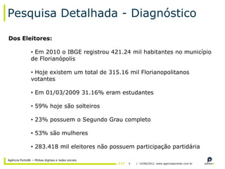Pesquisa Detalhada - Diagnóstico

Dos Eleitores:

                • Em 2010 o IBGE registrou 421.24 mil habitantes no município
                de Florianópolis

                • Hoje existem um total de 315.16 mil Florianopolitanos
                votantes

                • Em 01/03/2009 31.16% eram estudantes

                • 59% hoje são solteiros

                • 23% possuem o Segundo Grau completo

                • 53% são mulheres

                • 283.418 mil eleitores não possuem participação partidária

Agência PontoBr – Mídias digitais e redes sociais
                                                    3   / 14/06/2012 www.agenciapontobr.com.br
 