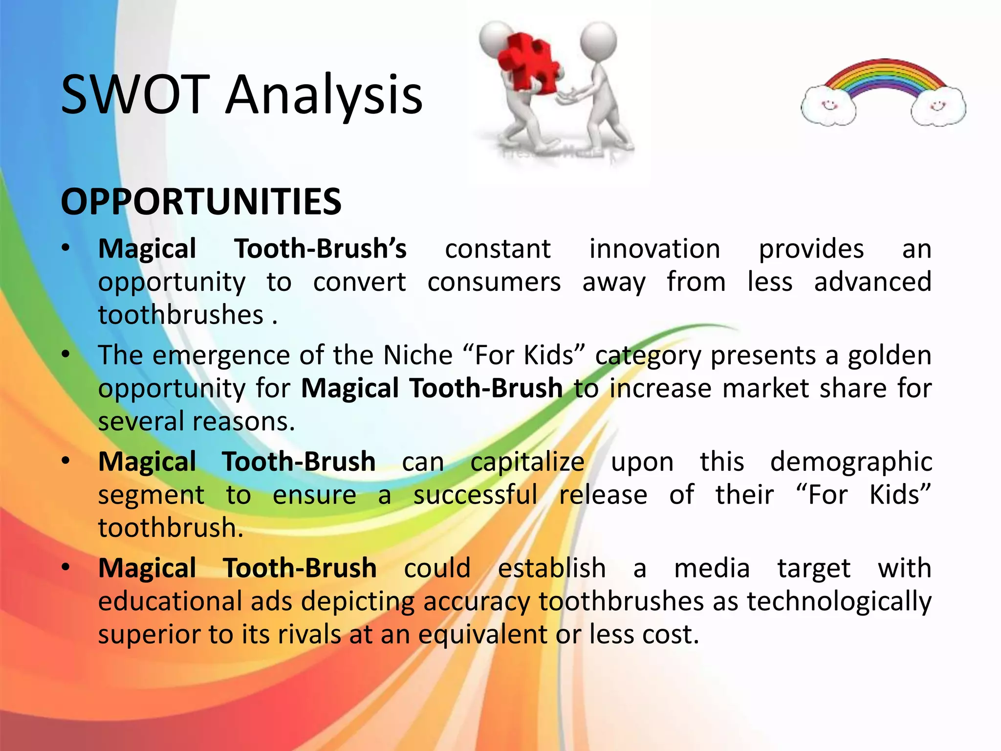 SWOT Analysis
OPPORTUNITIES
• Magical Tooth-Brush’s constant innovation provides an
opportunity to convert consumers away from less advanced
toothbrushes .
• The emergence of the Niche “For Kids” category presents a golden
opportunity for Magical Tooth-Brush to increase market share for
several reasons.
• Magical Tooth-Brush can capitalize upon this demographic
segment to ensure a successful release of their “For Kids”
toothbrush.
• Magical Tooth-Brush could establish a media target with
educational ads depicting accuracy toothbrushes as technologically
superior to its rivals at an equivalent or less cost.
 