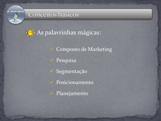 As palavrinhas mágicas: 
 Composto de Marketing 
 Pesquisa 
 Segmentação 
 Posicionamento 
 Planejamento 
 