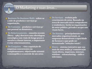 O Marketing e suas áreas... 
Business-To-Business (B2B)– refere-se 
a mkt de produtos e serviços p/ 
organização, 
De Consumo – produtos e serviços p/ 
uso pessoal ou doméstico, 
De Relacionamento – conceito recente 
(Berry - 1984) descreve uma abordagem 
estratégica com visão de longo prazo e 
envolve o cliente interno, o importante 
é criar relacionamentos, 
De Conquista – visa a aquisição de 
empresas concorrentes ou 
complementares, objetivando assumir 
o monopólio e o controle de um setor. 
De Serviços – evoluiu pelo 
crescimento do setor. Baseado na 
troca de mercado entre compradores 
e vendedores. Inclui as organizações 
do setor público, privado e as que não 
visam lucro, 
De Sistema – principalmente nos 
mercados organizacionais, as 
empresas desenvolvem a capacidade 
de fornecer o que pode ser 
denominado “soluções totais”, 
Direto – sistema interativo que usa 
mais de uma mídia p/ comunicação 
(mala direta, impressos, internet, 
telefone – telemarketing – rádio e 
televisão), 
 