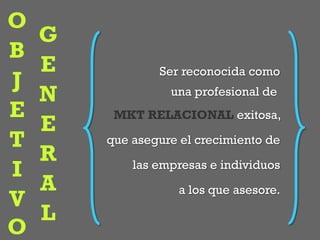 O
B
J
E
T
I
V
O
G
E
N
E
R
A
L
Ser reconocida como
MKT RELACIONAL exitosa,
que asegure el crecimiento de
a los que asesore.
las empresas e individuos
una profesional de
 