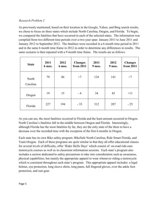Research Problem 2
As previously mentioned, based on their location in the Google, Yahoo, and Bing search results,
we chose to focus on three states which include North Carolina, Oregon, and Florida. To begin,
we compared the fatalities that have occurred in each of the selected states. The information was
compiled from two different time periods over a two-year span: January 2011 to June 2011 and
January 2012 to September 2012. The fatalities were recorded in a 6 month time period in 2011
and in the same 6 month time frame in 2012 in order to determine any differences in results. The
same scenario is then repeated with a 9 month time frame. The results are as follows:
State
2011
6 mos.
2012
6 mos.
Changes
from 2011
2011
9 mos.
2012
9 mos.
Changes
from 2011
North
Carolina
79 86 +7 134 141 +7
Oregon
19 15 - 4 34 45 +11
Florida
227 194 - 33 312 287 - 25
As you can see, the most fatalities occurred in Florida and the least amount occurred in Oregon.
North Carolina‟s fatalities fall in the middle between Oregon and Florida. Interestingly,
although Florida has the most fatalities by far, they are the only state of the three to have a
decrease over the recorded time with the exception of the first 6 months in Oregon.
Each state has its own Bike safety program: BikeSafe North Carolina, Ride Smart Florida, and
Team Oregon. Each of these programs are quite similar in that they all offer educational classes
for several levels of difficulty, offer „Rider Skills Days‟ which consist of on-road ride-outs
motorcycle courses as well as in classroom information sessions. Each state‟s program also
includes a section dedicated to safety precautions to take into consideration such as awareness,
physical capabilities, but mainly the appropriate apparel to wear whenever riding a motorcycle
which is consistent throughout each state‟s program. This appropriate apparel includes: a legal
helmet, eye protection, long sleeve shirts, long pants, full fingered gloves, over the ankle foot
protection, and rain gear.
Page 5
 