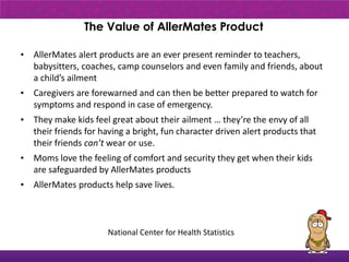 The Value of AllerMates Product

• AllerMates alert products are an ever present reminder to teachers,
  babysitters, coaches, camp counselors and even family and friends, about
  a child’s ailment
• Caregivers are forewarned and can then be better prepared to watch for
  symptoms and respond in case of emergency.
• They make kids feel great about their ailment … they’re the envy of all
  their friends for having a bright, fun character driven alert products that
  their friends can’t wear or use.
• Moms love the feeling of comfort and security they get when their kids
  are safeguarded by AllerMates products
• AllerMates products help save lives.



                      National Center for Health Statistics
                                                                                9
 