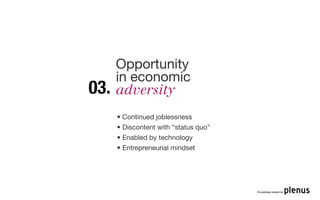 Opportunity
      in economic
03.   adversity
      • Continued joblessness
      • Discontent with “status quo”
      • Enabled by technology
      • Entrepreneurial mindset




                                       Knowledge shared by
 