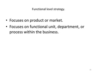 Focuses on product or market. Focuses on functional unit, department, or process within the business.  Functional level strategy. 