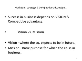 Success in business depends on VISION & Competitive advantage. Vision vs. Mission Vision –where the co. expects to be in future. Mission –Basic purpose for which the co. is in business. Marketing strategy & Competitive advantage…. 