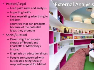 External AnalysisPolitical/LegalLead paint rules and analysisImporting tariffsLaws regulating advertising to childrencountries that ban products because of the potential ideas they promoteSocial/CulturalParents tight on money choose off brands and knockoffs of Mattel toys insteadEmphasis on educational toysPeople are concerned with businesses being socially responsible-good for Mattel