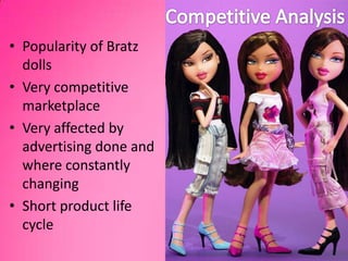 Competitive AnalysisPopularity of Bratz dollsVery competitive marketplaceVery affected by advertising done and where constantly changingShort product life cycle