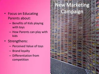 New Marketing CampaignFocus on Educating Parents about:Benefits of Kids playing with toysHow Parents can play with kidsStrengthens:Perceived Value of toysBrand loyaltyDifferentiation from competition