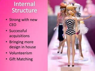 Internal StructureStrong with new CEOSuccessful acquisitionsBringing more design in house VolunteerismGift Matching