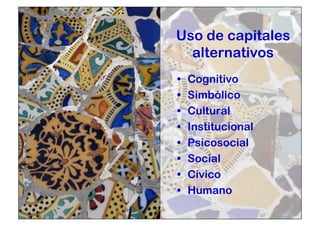 Uso de capitales 
alternativos 
• Cognitivo 
• Simbólico 
• Cultural 
• Institucional 
• Psicosocial 
• Social 
• Cívico 
• Humano 
 