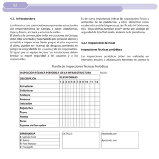 52


4.2. Infraestructura                                           Es de suma importancia indicar las capacidades físicas y
                                                               ambientas de las plataformas y otros elementos como
La infraestructura son todos los componentes estructurales     escalerasd (cantidad de personas, certificado del fabricante,
del emprendimiento de Canopy, a saber: plataformas,            etc). Estas últimas, también deben contar con anclajes de
topes y frenos, anclajes y amarres de cables.                  seguridad de tipo Vía Ferrata, aislados de la plataforma.
El diseño y la construcción de las instalaciones de Canopy,
debe estar orientado y supervisado por personal idóneo y
sometido a inspecciones diarias ya que, al estar expuestas     4.2.1 Inspecciones técnicas
al clima, pueden ser víctimas de desgaste, poniendo en
peligro la integridad de los usuarios y de los responsables.   Inspecciones Técnicas periódicas
Al igual que el equipo técnico, las instalaciones deben
brindar la mayor seguridad a los usuarios y a los              Las inspecciones periódicas deben ser realizadas en
responsables.                                                  intervalos anuales o plurianuales teniendo en cuenta la

                                    Planilla de Inspecciones Técnicas Periódicas

        INSPECCIÓN TÉCNICA PERIÓDICA DE LA INFRAESTRuCTuRA                      Fecha:

        DESCRIPCIÓN                        PLATAFORMAS
                                           1 2 3 4 5 6 7 8 9 10 11 12
        Estructuras
        Soldaduras
        Anclajes
        Amarres
        Oxidación
        Enganches
        Topes
        Frenos
        Tacos
        Espuma de Protección


        SIMbOLOGIA                            DETALLE:                           Realizado por:
        S Satisfactoria
        b Bueno                                                                  Aprobado por:
        R Para Reparar
        C Corregido
 