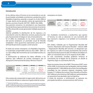 8
   8


Introducción

En los últimos años el Turismo se ha convertido en una de                                         extranjeros en el país:
las principales actividades económicas y productivas de la
República Argentina, pasando a ocupar en el año 2006 el                                                          AÑO 2004         AÑO 2005            AÑO 2006              AÑO 2007
5º lugar dentro de los grandes rubros de exportación de
                                                                                                     GASTOS       2.162,7          2.640,4             3.213,5              4.217,6
bienes y servicios (Fuente: SECTUR – INDEC Año 2006).                                              DE TuRISTAS   millones de      millones de         millones de          millones de
Esta posición convierte a la actividad en una importante                                                          dólares          dólares             dólares              dólares
fuente de divisas repercutiendo en la economía, incremento
del PBI y desarrollo social, generando múltiples puestos de                                                                     Fuente: INDEC - Dirección Nacional de Cuentas Internacionales
                                                                                                                           Elaboración: SECTUR, Dirección de Estudios de Mercado y Estadística
empleo.
Además posibilita la distribución de los ingresos y la
interrelación entre los diferentes sectores productivos del                                       Los resultados económicos y productivos que genera
país, favoreciendo el trabajo en red y el asociativismo.                                          el Turismo no solo se observan en una economía del
En el 2006, los empleados en las ramas características                                            tipo nacional o regional, si no también en la economía
del turismo totalizaron un promedio anual de 956.546                                              mundial.
empleados1. Estos guarismos representan cerca del 9,7%
del total de personal ocupado a nivel nacional.                                                   Del análisis realizado por la Organización Mundial del
                                                                                                  Turismo (“Barómetro del Turismo Mundial” – Edición 2008
El arribo de turistas extranjeros a la República Argentina,                                       – Organización Mundial del Turismo), se desprende que
en el período comprendido entre los años 2004 - 2007, es                                          los ingresos en todo el mundo provenientes del turismo
un claro reflejo del incremento de la actividad turística en                                      internacional alcanzaron los 856 mil millones de dólares en
el país.                                                                                          2007; un crecimiento de un 5,6 % respecto al año 2006.
A continuación se observan los datos referidos a los                                              En este crecimiento mundial, podemos remarcar el
ingresos (por millones) de turistas extranjeros por el                                            crecimiento de la Región de las Américas, en dónde la
Aeropuerto Internacional de Ezeiza, Ministro Pistarini.                                           Argentina, logó un crecimiento del 9.3%.

                                                                                                  Según las proyecciones de la OMT (“Panorama 2020”), para
                   AÑO 2004          AÑO 2005           AÑO 2006             AÑO 2007
                                                                                                  el año 2020, se pronostica que las llegadas internacionales
    ARRIbOS         3.456.527         3.822.666         4.092.446            4.561.511
   DE TuRISTAS     millones de       millones de        millones de         millones de
                                                                                                  sobrepasarán los 1.560 millones de turistas. De esas llegadas
                    personas          personas           personas            personas             mundiales las tres primeras regiones receptoras serán
                                 Fuente: INDEC - Dirección Nacional de Cuentas Internacionales    Europa (717 millones de turistas), Asia Oriental y el Pacífico
                            Elaboración: SECTUR, Dirección de Estudios de Mercado y Estadística
                                                                                                  (397 millones) y las Américas (282 millones), presentándose
                                                                                                  un panorama muy alentador para la Argentina.
Otra manera de comprender la repercusión del turismo en                                           A modo de resumen, a continuación, se expresan los
la economía del país es observar el gasto total de turistas                                       principales beneficios socioeconómicos del Turismo:

1 Estimación SECTUR en base a la EPH (Encuesta Permanente de Hogares,
INDEC). La definición de las ramas características se basa en las metodologías
de clasificación de la OMT (Organización Mundial del Turismo).
 