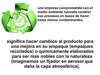significa hacer cambios al producto para una mejora en su empaque (empaques reciclados) o químicamente elaborados para ser mas nobles con la naturaleza (imaginemos un fijador en aerosol que daña la capa atmosférica). una empresa comprometida con el medio ambiente necesita cambiar sus procesos en busca de hacer estos menos contaminantes, 