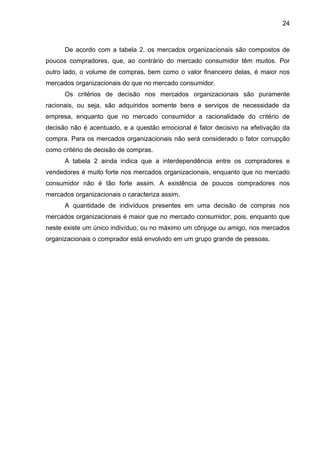 24
De acordo com a tabela 2, os mercados organizacionais são compostos de
poucos compradores, que, ao contrário do mercado consumidor têm muitos. Por
outro lado, o volume de compras, bem como o valor financeiro delas, é maior nos
mercados organizacionais do que no mercado consumidor.
Os critérios de decisão nos mercados organizacionais são puramente
racionais, ou seja, são adquiridos somente bens e serviços de necessidade da
empresa, enquanto que no mercado consumidor a racionalidade do critério de
decisão não é acentuado, e a questão emocional é fator decisivo na efetivação da
compra. Para os mercados organizacionais não será considerado o fator corrupção
como critério de decisão de compras.
A tabela 2 ainda indica que a interdependência entre os compradores e
vendedores é muito forte nos mercados organizacionais, enquanto que no mercado
consumidor não é tão forte assim. A existência de poucos compradores nos
mercados organizacionais o caracteriza assim.
A quantidade de indivíduos presentes em uma decisão de compras nos
mercados organizacionais é maior que no mercado consumidor, pois, enquanto que
neste existe um único indivíduo, ou no máximo um cônjuge ou amigo, nos mercados
organizacionais o comprador está envolvido em um grupo grande de pessoas.
 