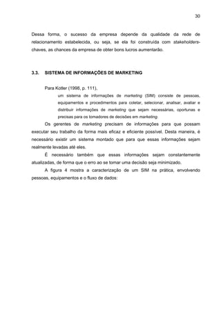 30
Dessa forma, o sucesso da empresa depende da qualidade da rede de
relacionamento estabelecida, ou seja, se ela foi construída com stakeholders-
chaves, as chances da empresa de obter bons lucros aumentarão.
3.3. SISTEMA DE INFORMAÇÕES DE MARKETING
Para Kotler (1998, p. 111),
um sistema de informações de marketing (SIM) consiste de pessoas,
equipamentos e procedimentos para coletar, selecionar, analisar, avaliar e
distribuir informações de marketing que sejam necessárias, oportunas e
precisas para os tomadores de decisões em marketing.
Os gerentes de marketing precisam de informações para que possam
executar seu trabalho da forma mais eficaz e eficiente possível. Desta maneira, é
necessário existir um sistema montado que para que essas informações sejam
realmente levadas até eles.
É necessário também que essas informações sejam constantemente
atualizadas, de forma que o erro ao se tomar uma decisão seja minimizado.
A figura 4 mostra a caracterização de um SIM na prática, envolvendo
pessoas, equipamentos e o fluxo de dados:
 