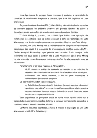 37
Uma das chaves do sucesso desse processo é, portanto, a capacidade de
utilizar-se de informações, integradas e precisas, que é um dos objetivos do Data
Warehouse.
Segundo Laudon e Laudon (2001), Data Mining são sofisticadas ferramentas
de software capazes de encontrar padrões em grandes volumes de dados e
deduzirem regras que podem ser usadas para guiar a tomada de decisão.
O Data Mining é, portanto, um conceito que traduz uma aplicação de
ferramentas de software, que se tornou possível a partir da tecnologia de Data
Warehouse, que é a tecnologia que armazena os dados utilizados pelo Data Mining.
Portanto, um Data Mining não é simplesmente um conjunto de ferramentas
estatísticas, tão pouco é a tecnologia de processamento analítico online (OLAP -
Online Anatycal Processing), que permite aos usuários finais navegar mais
facilmente com seus dados e também não é Data Warehouse, pois o Data Mining
permite um maior poder de pesquisa buscando padrões de relacionamento entre as
informações.
Para Carvalho et alii apud Rezende e Abreu (2000),
OLAP suporta a análise da tendência, os cenários e as projeções de
negócios, como instrumento de suporte às decisões gerenciais e estratégicas,
trabalhando com dados históricos, a fim de gerar informações e
conhecimentos para analisar o negócio.
De acordo com Laudon e Laudon (2001),
os Data Minings fornecem insights dos dados da corporação que não podem
ser obtidos com o OLAP, encontrando padrões escondidos e relacionamentos
em grandes bancos de dados e regras de inferência a partir deles para prever
tendências e comportamento futuro.
Essa capacidade de pesquisar dados se torna maior, quanto maior for a
capacidade de compor informações de forma a construir conhecimento, seja sobre o
presente, sobre o passado ou sobre o futuro.
Conforme assuntos abordados, a figura 5 mostra a disposição de um Data
Warehouse, um OLAP e Data Mining:
 