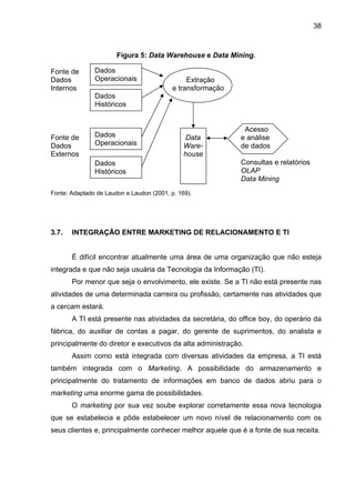 38
Figura 5: Data Warehouse e Data Mining.
Fonte de
Dados Extração
Internos e transformação
Acesso
Fonte de Data e análise
Dados Ware- de dados
Externos house
Consultas e relatórios
OLAP
Data Mining
Fonte: Adaptado de Laudon e Laudon (2001, p. 169).
3.7. INTEGRAÇÃO ENTRE MARKETING DE RELACIONAMENTO E TI
É difícil encontrar atualmente uma área de uma organização que não esteja
integrada e que não seja usuária da Tecnologia da Informação (TI).
Por menor que seja o envolvimento, ele existe. Se a TI não está presente nas
atividades de uma determinada carreira ou profissão, certamente nas atividades que
a cercam estará.
A TI está presente nas atividades da secretária, do office boy, do operário da
fábrica, do auxiliar de contas a pagar, do gerente de suprimentos, do analista e
principalmente do diretor e executivos da alta administração.
Assim como está integrada com diversas atividades da empresa, a TI está
também integrada com o Marketing. A possibilidade do armazenamento e
principalmente do tratamento de informações em banco de dados abriu para o
marketing uma enorme gama de possibilidades.
O marketing por sua vez soube explorar corretamente essa nova tecnologia
que se estabelecia e pôde estabelecer um novo nível de relacionamento com os
seus clientes e, principalmente conhecer melhor aquele que é a fonte de sua receita.
Dados
Operacionais
Dados
Históricos
Dados
Operacionais
Dados
Históricos
 