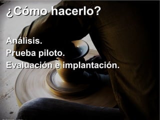 ¿Cómo hacerlo?¿Cómo hacerlo?
Análisis.Análisis.
Prueba piloto.Prueba piloto.
Evaluación e implantación.Evaluación e implantación.
 