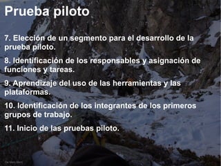 De Marc Martí
Prueba piloto
7. Elección de un segmento para el desarrollo de la
prueba piloto.
8. Identificación de los responsables y asignación de
funciones y tareas.
9. Aprendizaje del uso de las herramientas y las
plataformas.
10. Identificación de los integrantes de los primeros
grupos de trabajo.
11. Inicio de las pruebas piloto.
 